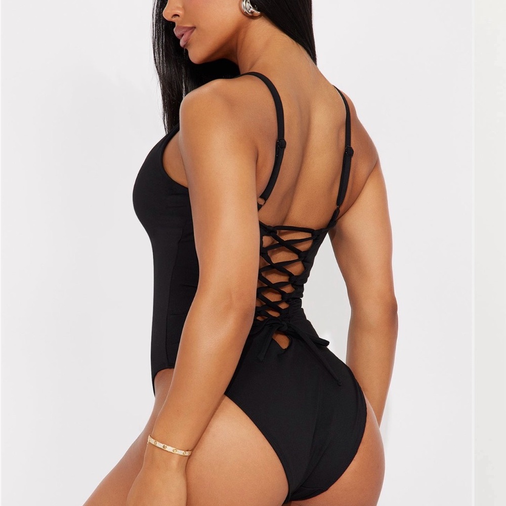 Fashion Nova Black Lace-Up Back One Piece Swimsuit
